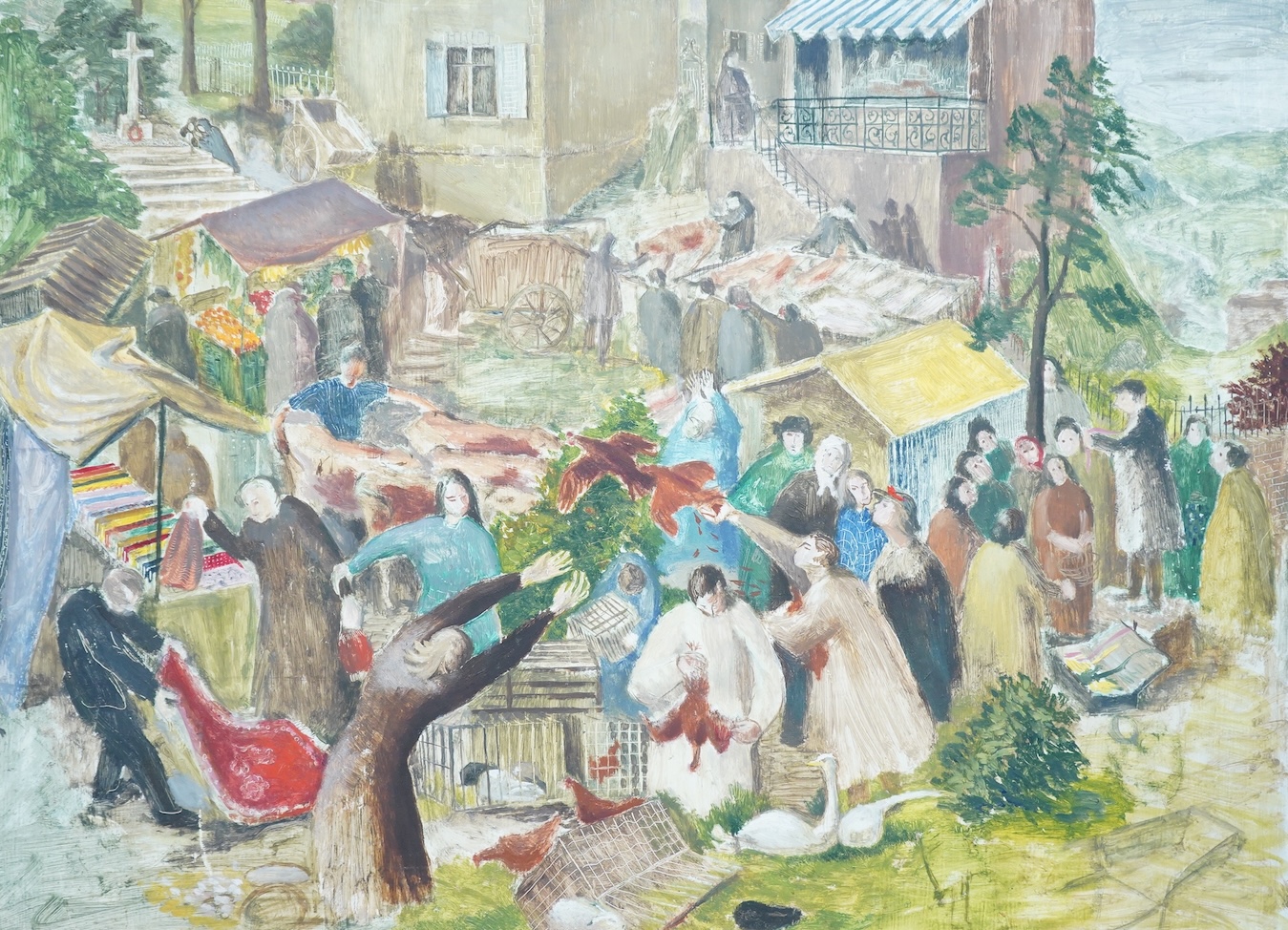 Manner of Sir Stanley Spencer RA (1891-1959), Busy market scene with figures, 20th century, oil on board, unsigned, 45 x 61cm, unframed